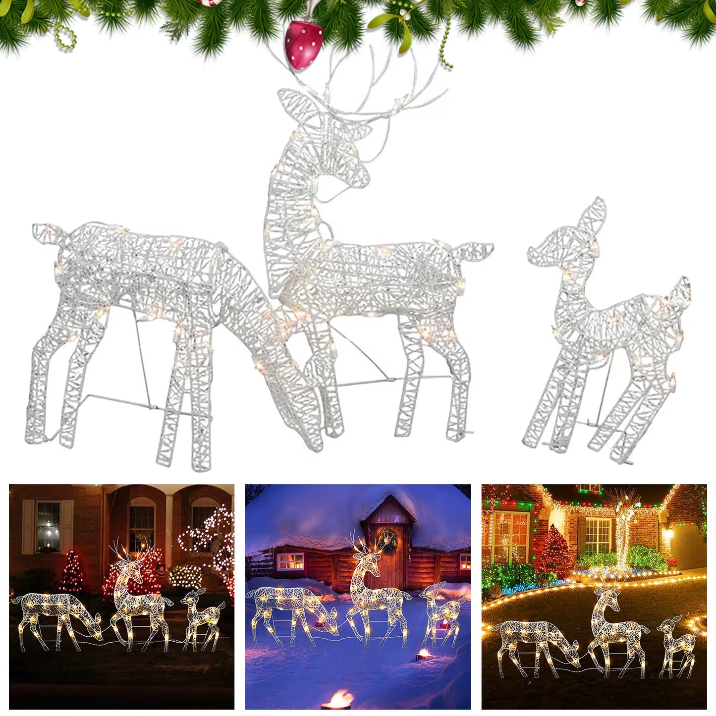 3Pc Lighted Deer Reindeer Family Lighted Deer Christmas Decor with Led Lights Light up Bucks Doe and Fawn Indoor or Outdoor Yard