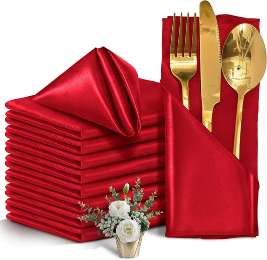 12PCS Red Satin Napkins 30X30Cm, Silky Soft Smooth Washable Napkins for Restaurant, Weddings, Dinner, Party,Christmas Decoration