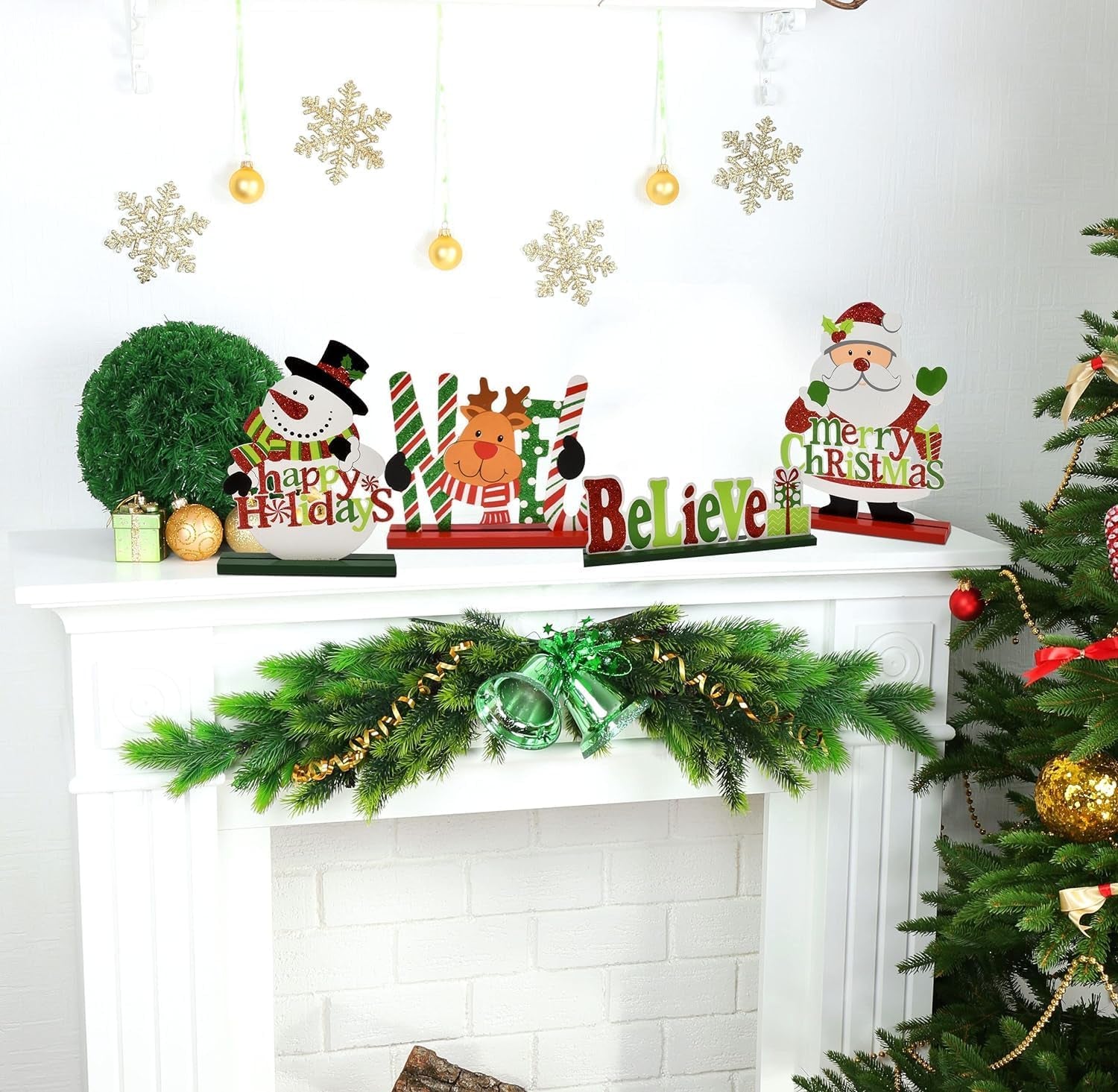 6 Pezzi Decorazioni per Tavola Di Natale, Legno Merry Christmas Joy Believe Cartello Renna Pupazzo Di Neve Centrotavola per Natale Vacanza Festa Interno Agriturismo Decorazione