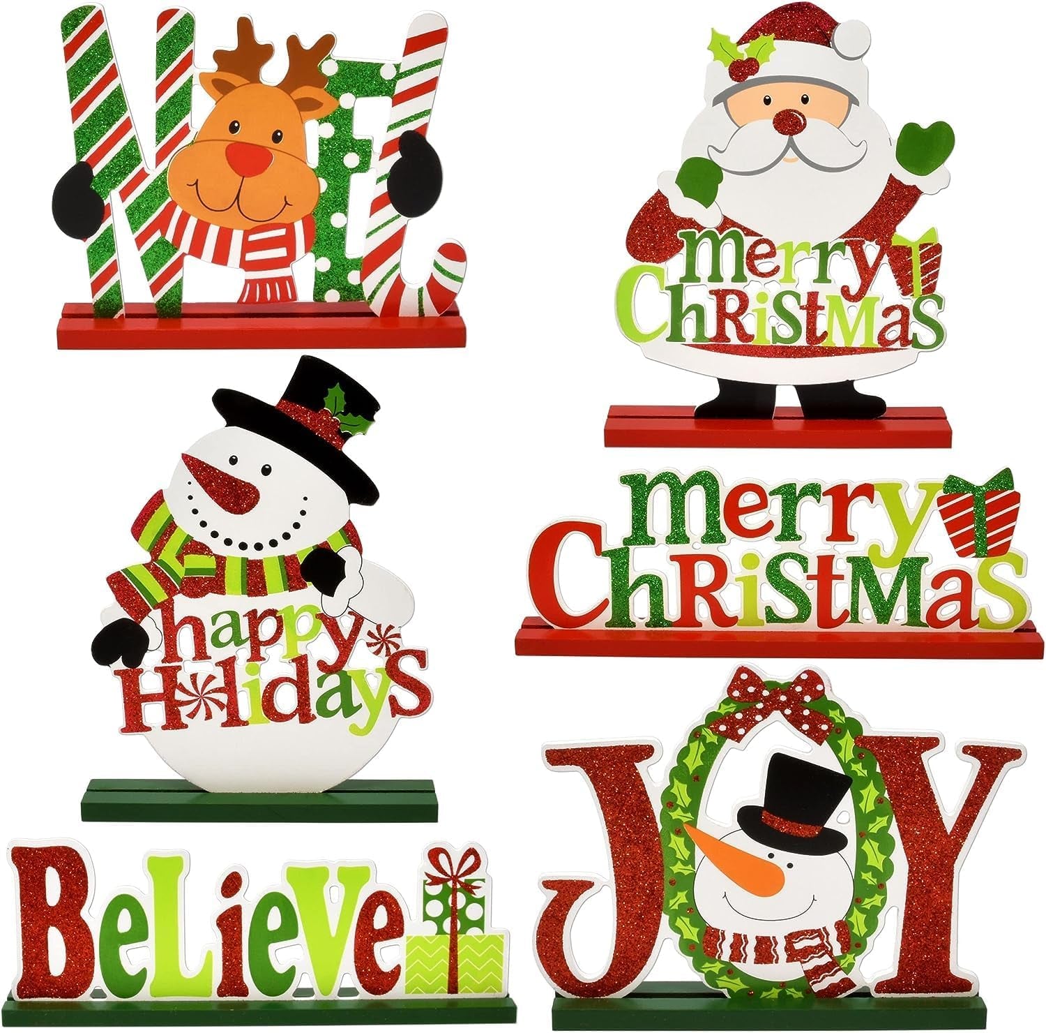6 Pezzi Decorazioni per Tavola Di Natale, Legno Merry Christmas Joy Believe Cartello Renna Pupazzo Di Neve Centrotavola per Natale Vacanza Festa Interno Agriturismo Decorazione