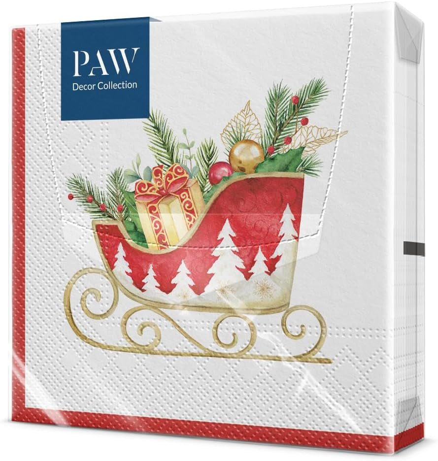 PAW - Tovaglioli Di Carta Natale (33 X 33 Cm) I 20 Pezzi I 3 Veli I Tovaglioli Carta - Inverno, Vacanze, Slitta, Regali I Holiday Sleigh