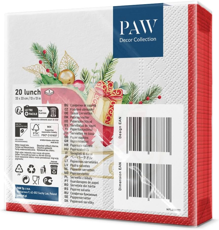 PAW - Tovaglioli Di Carta Natale (33 X 33 Cm) I 20 Pezzi I 3 Veli I Tovaglioli Carta - Inverno, Vacanze, Slitta, Regali I Holiday Sleigh