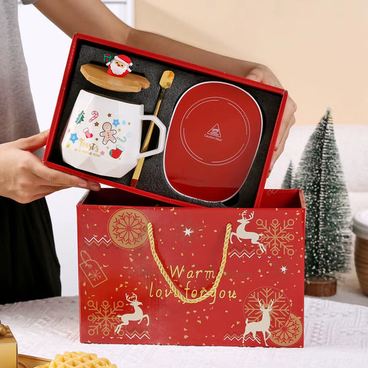 2025 Christmas Gift Set: Warm 55℃ Ceramic Mug with Lid Featuring Santa Claus for Office or Home Use