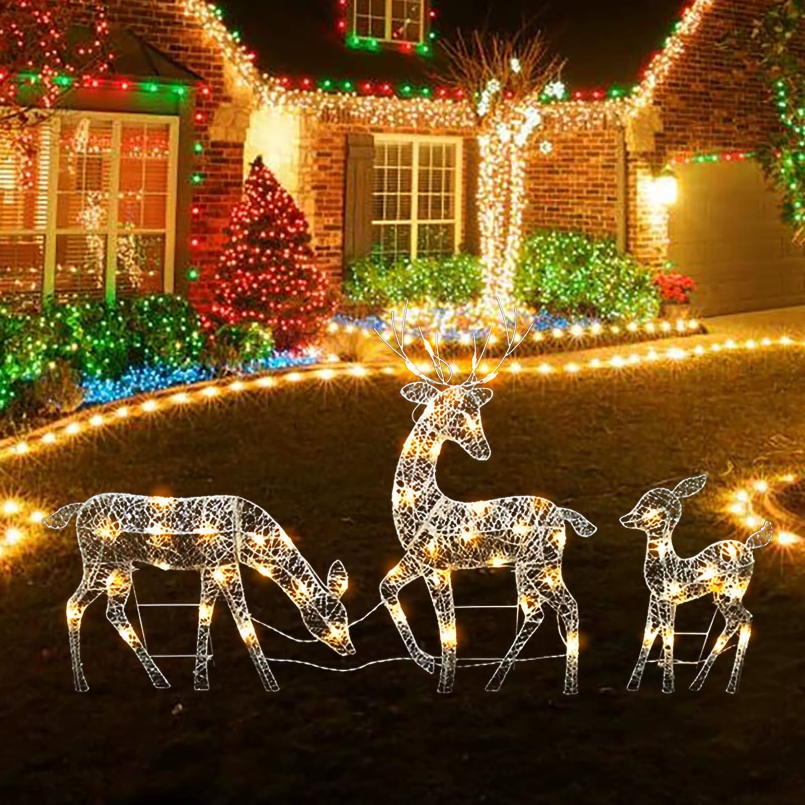 3Pc Lighted Deer Reindeer Family Lighted Deer Christmas Decor with Led Lights Light up Bucks Doe and Fawn Indoor or Outdoor Yard