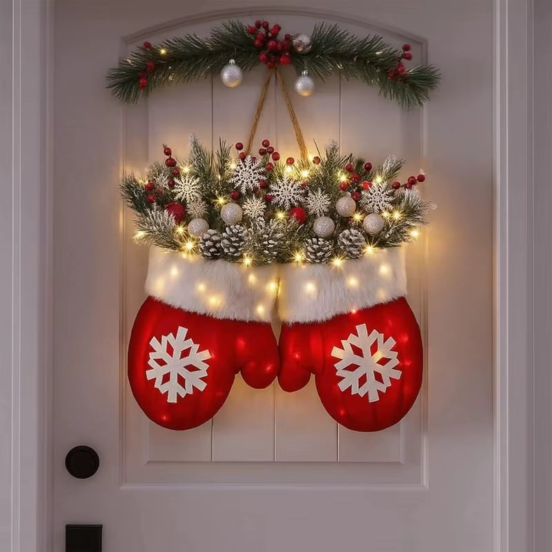 2025 Christmas Garland Creative Glove Shaped Simulated Flower Wreath Window Door Gate Decoration Door Sign Xmas Party Decoration