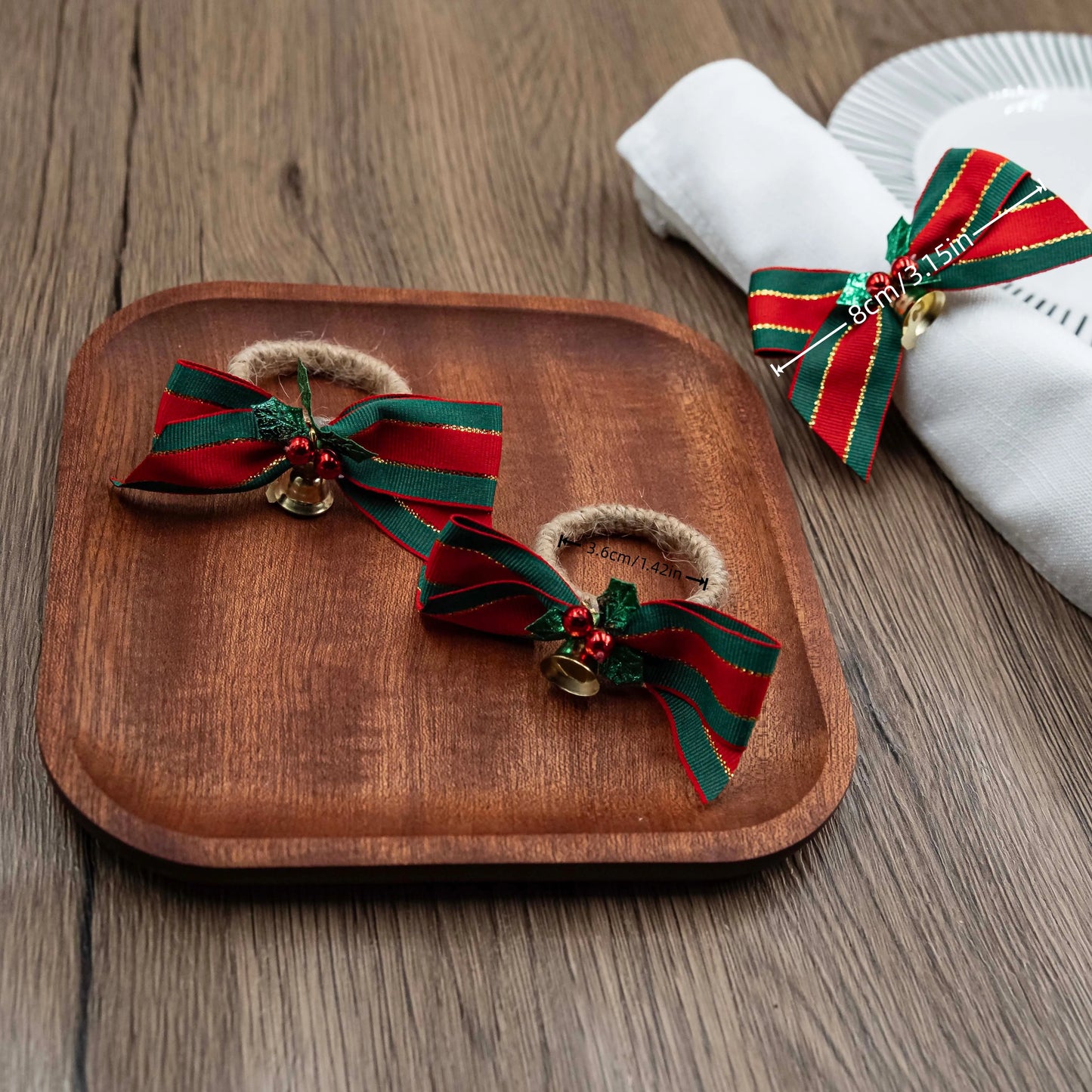 12Pcs Elegant Christmas Bow Napkin Rings- Festive Red & Green Christmas Decor, Table Decor for Weddings, Banquets, Hotels