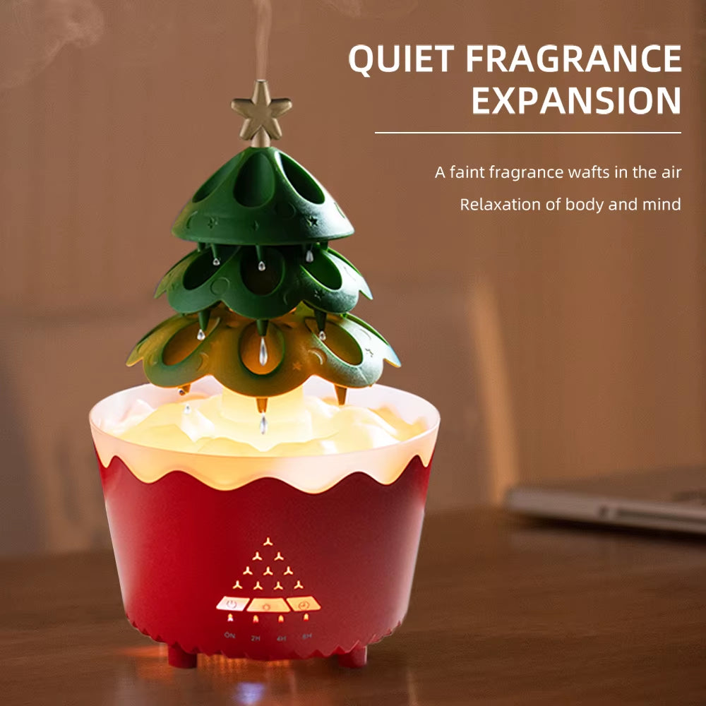 Rotating Christmas Tree Ultrasonic Air Humidifier with Colorful Lights Fine Mist Quite Essential Oil Diffuser for Christmas Gift